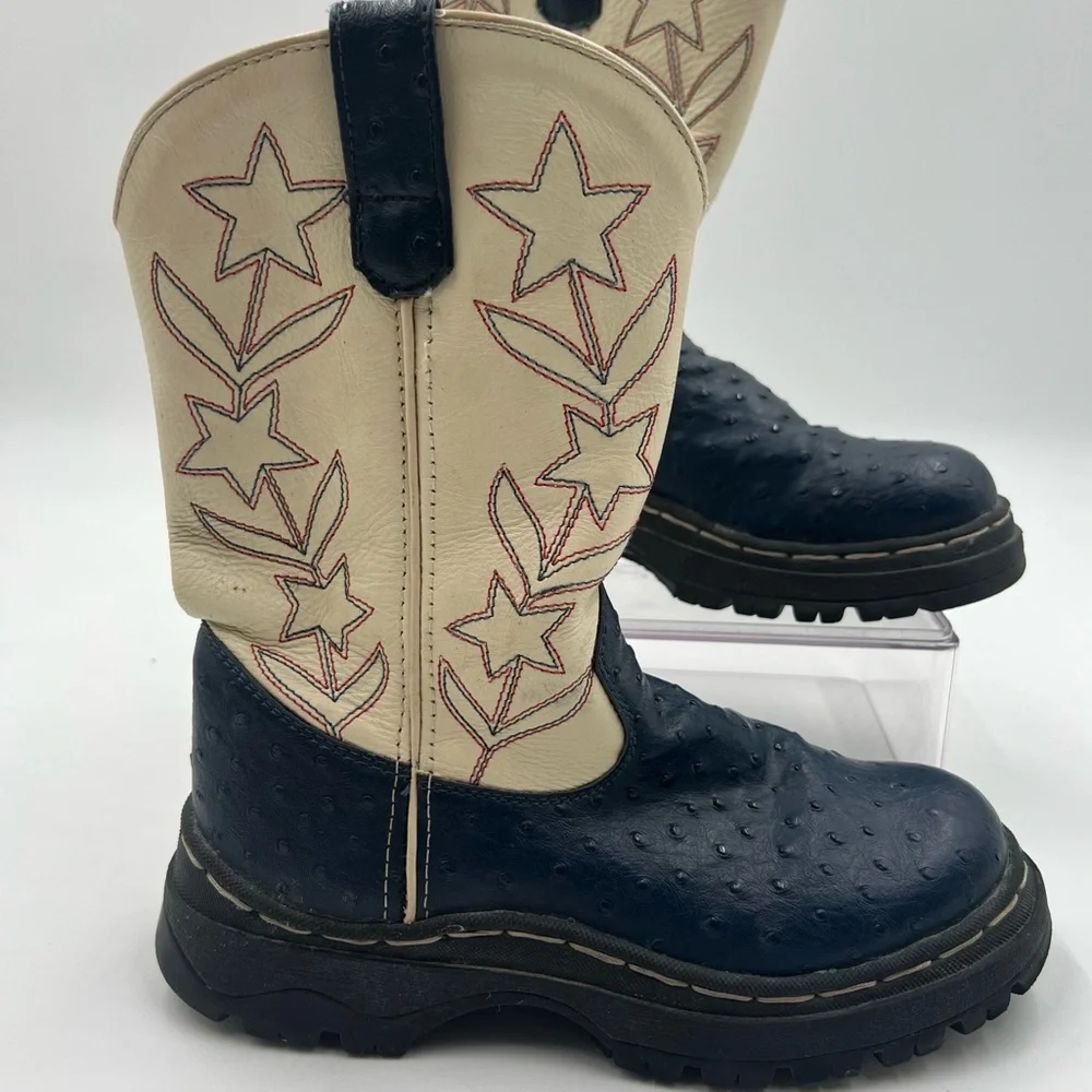 Cimarron Footwear Kids Western Cowboy Boots Navy‎ Ostrich Star Embroidery 3.5Y